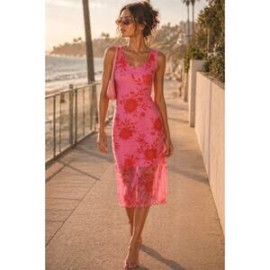 Pink Red Floral Sheer Mesh Midi Dress Large Sleeveless Romantic Y2k Fairycore